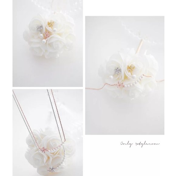 14k Gold Bow Pearl Diamonds Sterling Silver Necklace - Picture 2 of 9